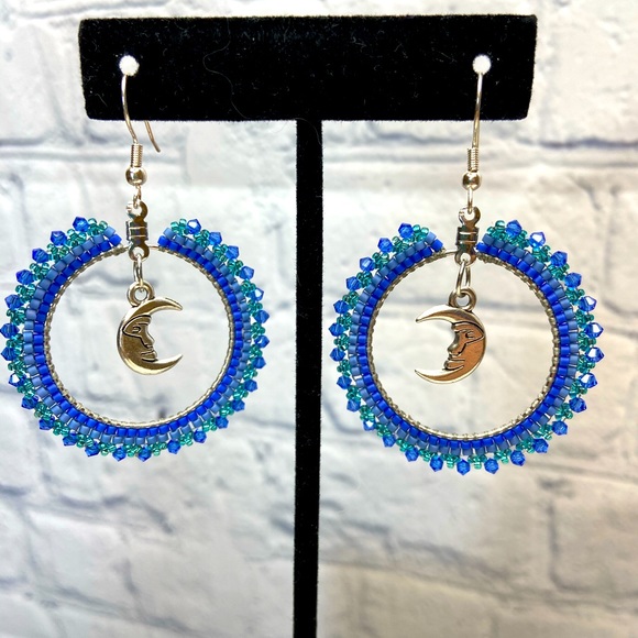 Handmade Jewelry - Boho Beaded HANDMADE Blue Moon Hoop Earrings